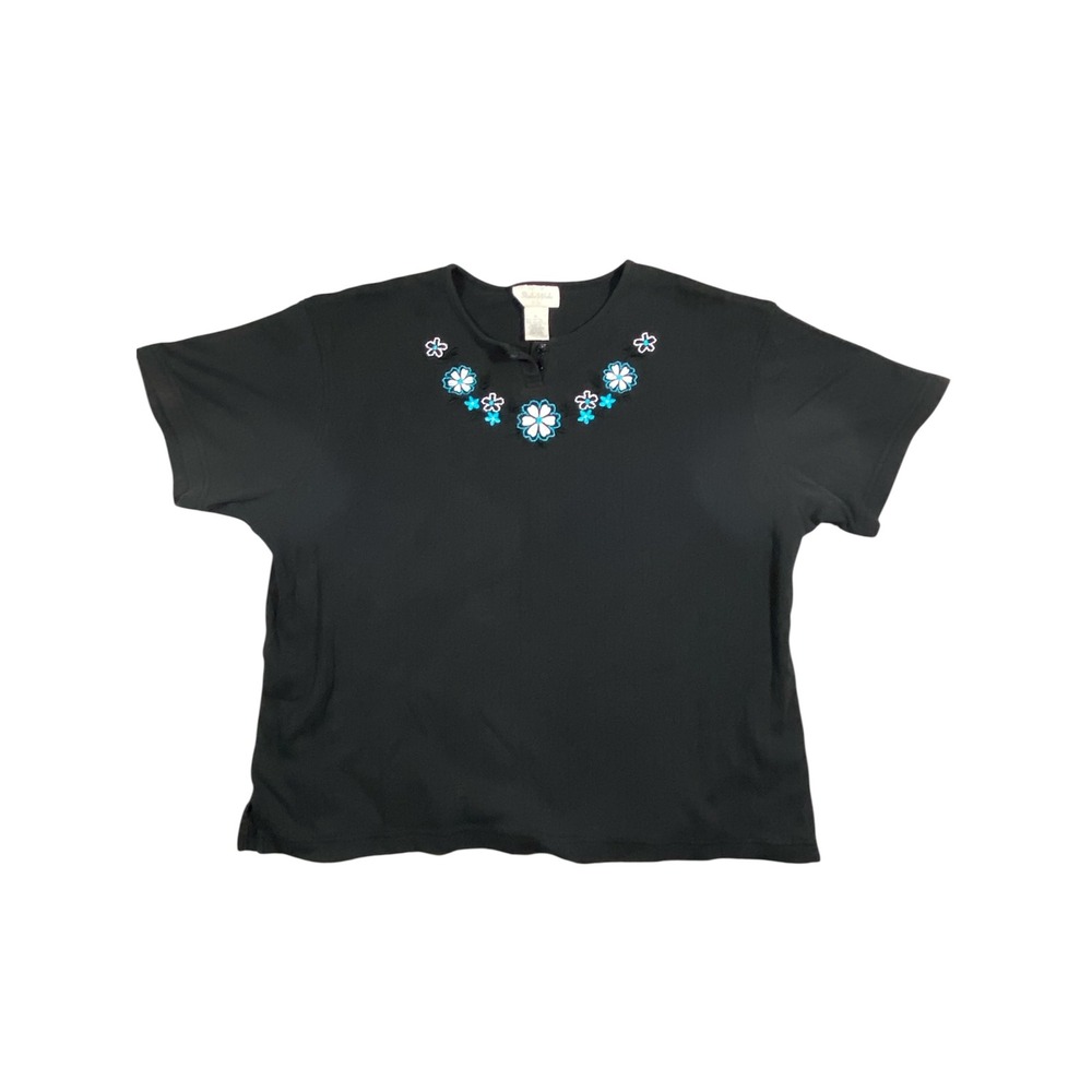 Studio Works XL Black‎ Ribbed Henley Top Blue White Floral Embroidered Neckline